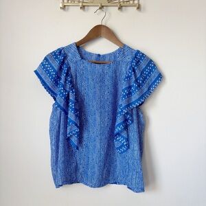 Sabina Musayev Blouse Small Ruffle Blue Geometric Print